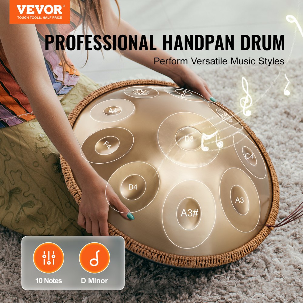 Golden-10 tone sound - 22-Inch D Minor Handpan Drum with 10 Tones