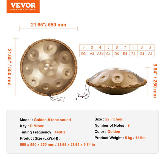 Golden-9 tone sound - 22" D Minor Steel Handpan Drum for Musical Enjoyment