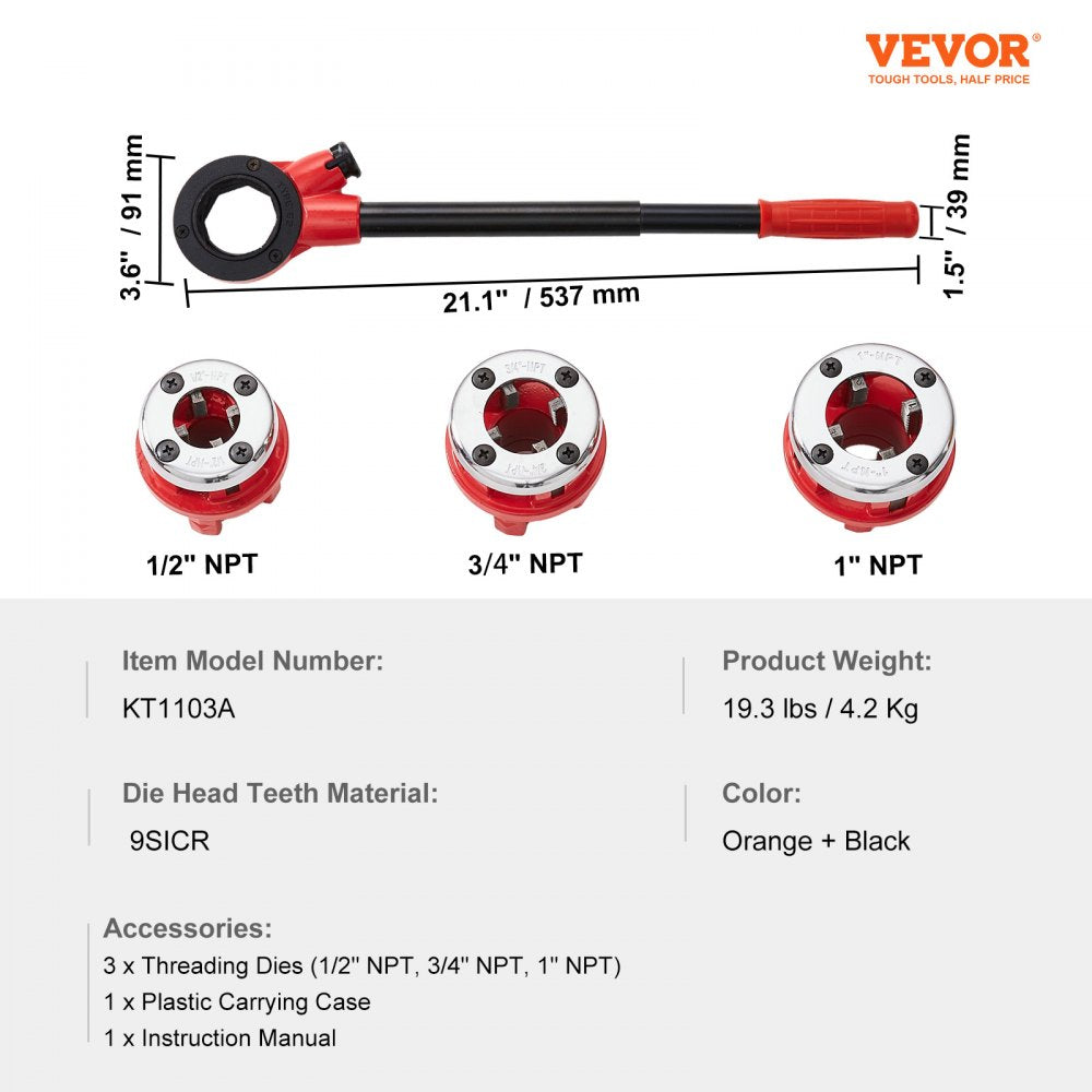 KT1103A - VEVOR 3 Die Ratchet Pipe Threader Kit for 1/2"-1" Pipes