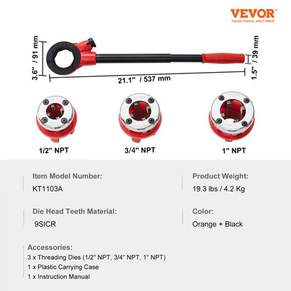 KT1103A - VEVOR 3 Die Ratchet Pipe Threader Kit for 1/2"-1" Pipes