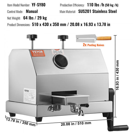 YF-SY80 - High Output Stainless Steel Sugar Cane Juicer with 2.4-Inch Inlet