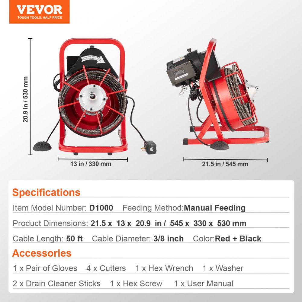 D1000 - 50FT VEVOR Electric Drain Cleaner with Steel Cable and Foot Pedal
