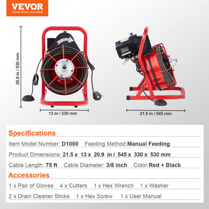 D1000 - VEVOR 75FT Drain Cleaning Machine with Ergonomic Handle