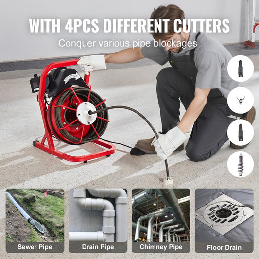 D1000 - 50FT Electric Drain Cleaner with Interchangeable Cutters