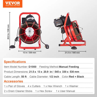 D1000 - 50FT Electric Drain Cleaner with Interchangeable Cutters