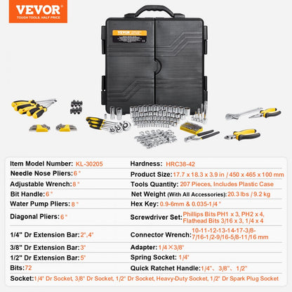 KL-30205 - 207-Piece Alloy Steel Mechanics Tool Set with Ratchet & Sockets