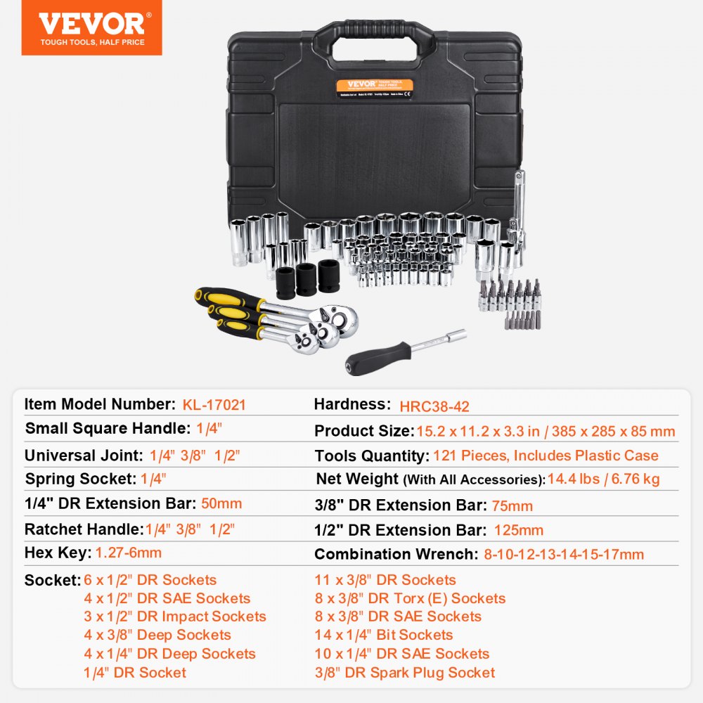 KL-17021 - 121-Piece Alloy Steel Mechanics Tool Set with Ratchets