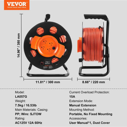 LA057G - 100FT Heavy-Duty Extension Cord Reel with Four Outlets
