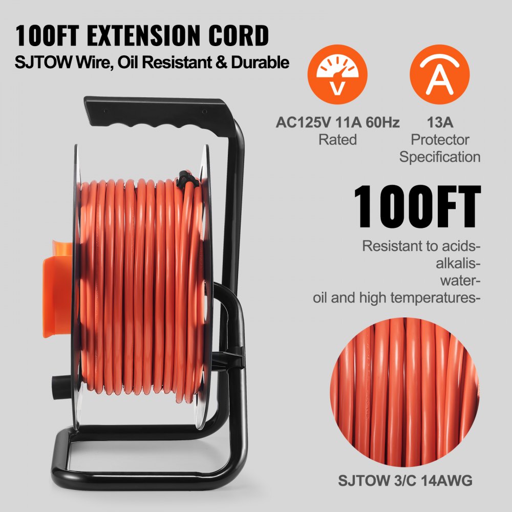 LA057F - 100FT VEVOR Extension Cord Reel with 4 Grounded Outlets