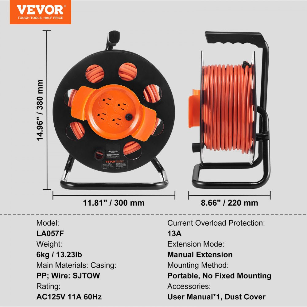 LA057F - 100FT VEVOR Extension Cord Reel with 4 Grounded Outlets