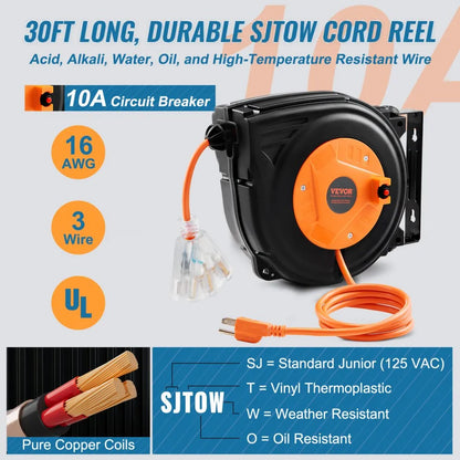 NAE-B10 - Durable 30FT VEVOR Retractable Extension Cord Reel, 16AWG/3C