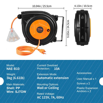 NAE-B10 - Durable 30FT VEVOR Retractable Extension Cord Reel, 16AWG/3C