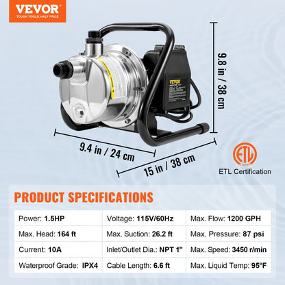 XKJ-1105S - 1.5HP Shallow Well Pump with 1200GPH Flow Rate