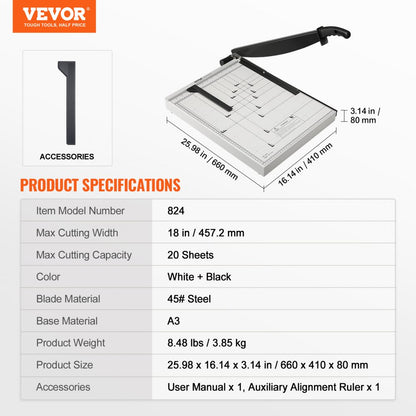 824 - 18" VEVOR Paper Cutter for 20 Sheets, Precision Trimming