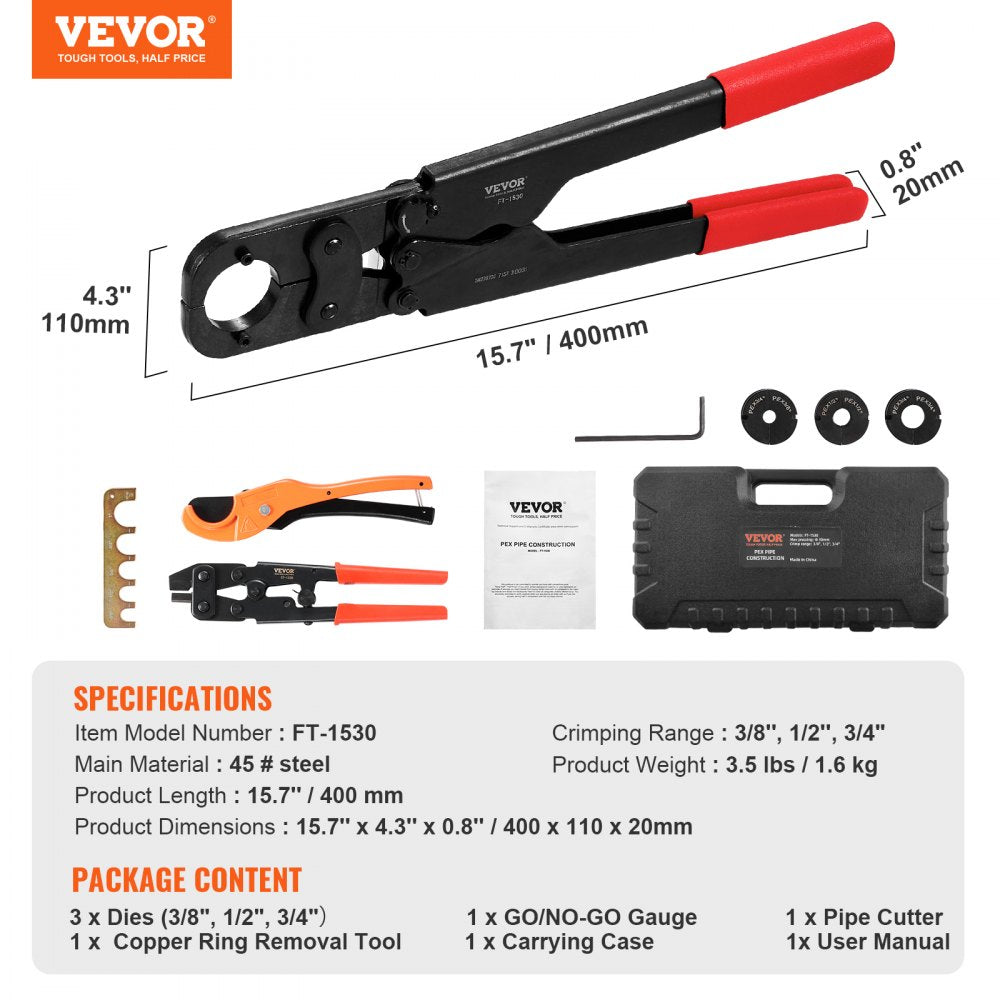 FT-1530 - Durable Steel PEX Crimping Tool Kit for Plumbing & HVAC