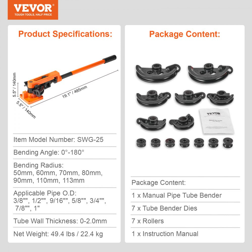 SWG-25 - VEVOR 1" Pipe Tube Bender with 7 Dies & Durable Design