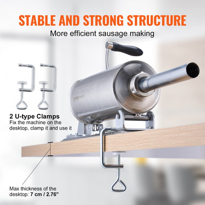 MM-GCJ-3LB - Durable Stainless Steel 2.5L Horizontal Sausage Stuffer with 8 Tubes