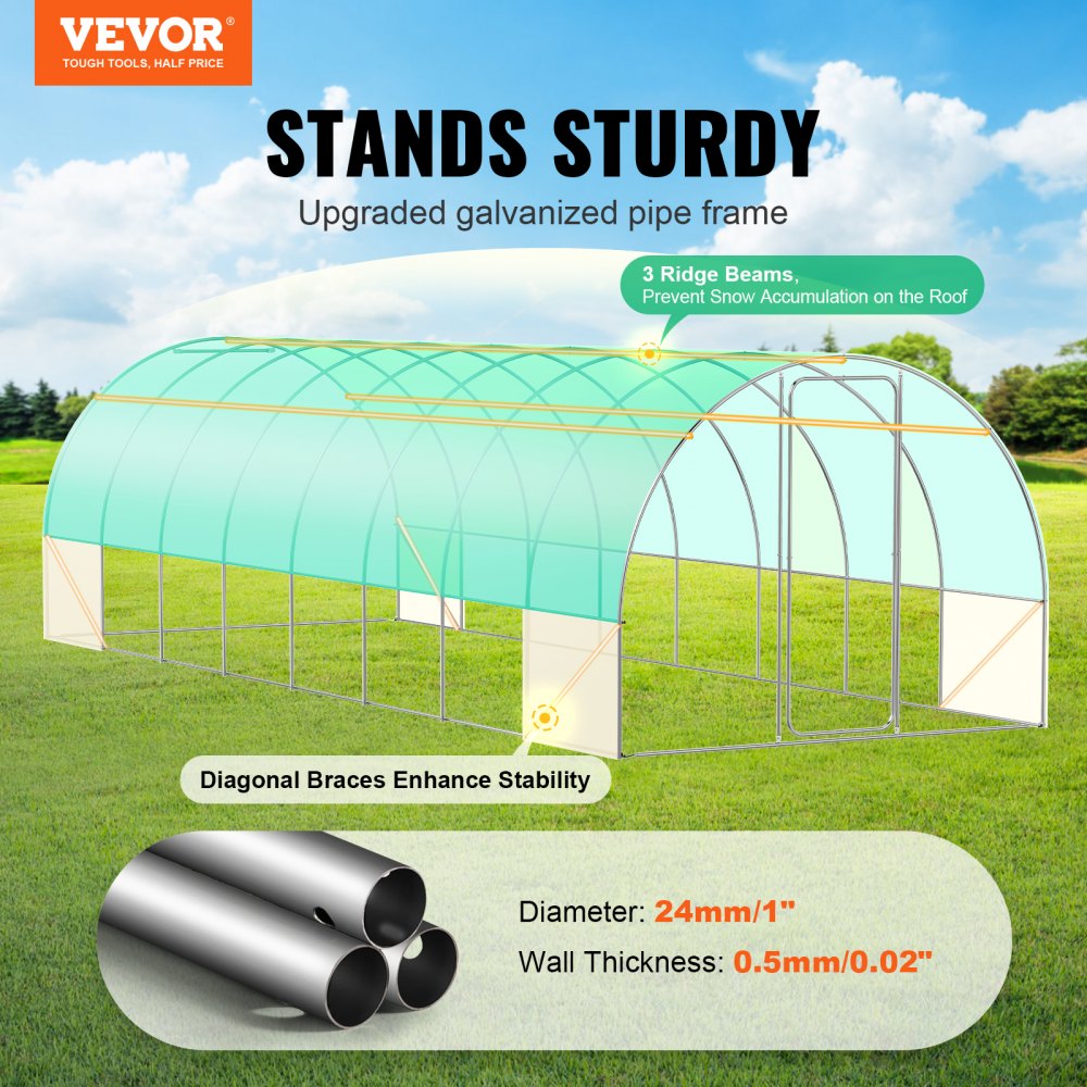 3×8.4×2.25m(8）G - Durable Tunnel Greenhouse with 16 Windows and Heavy-Duty PE Cover