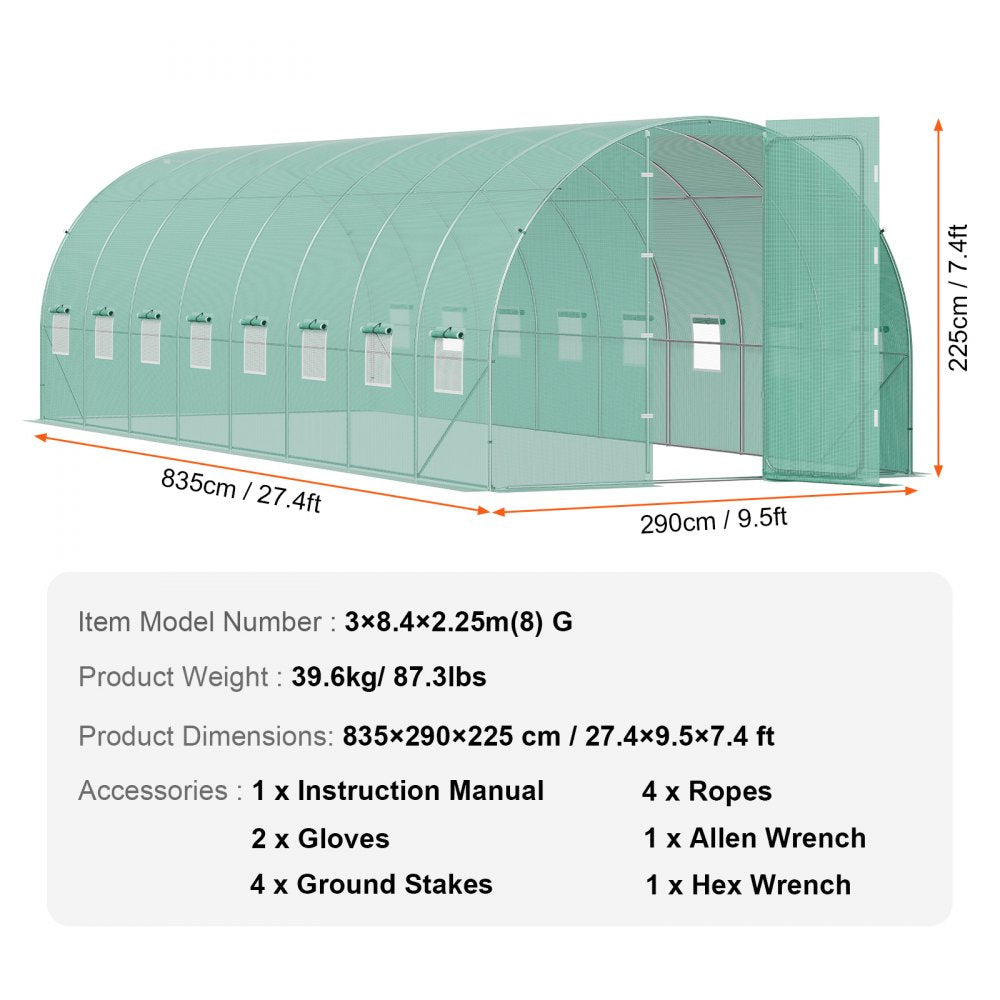 3×8.4×2.25m(8）G - Durable Tunnel Greenhouse with 16 Windows and Heavy-Duty PE Cover