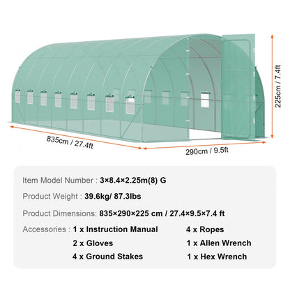 3×8.4×2.25m(8）G - Durable Tunnel Greenhouse with 16 Windows and Heavy-Duty PE Cover