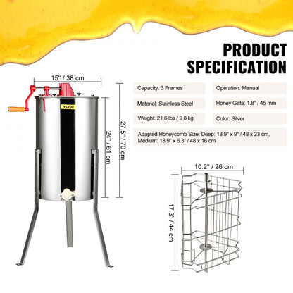 SD-3 - Compact Stainless Steel Manual Honey Extractor for 3 Frames