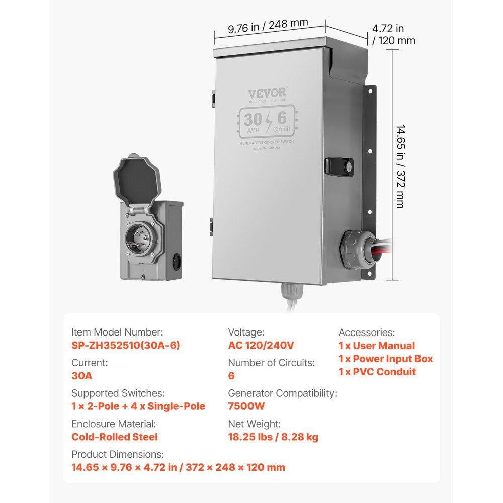 SP-ZH352510(30A-6) - 30A Manual Transfer Switch for 7500W Generators