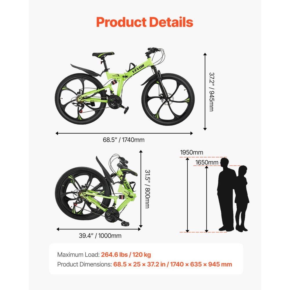 VMB722 - 26" Youth Folding Mountain Bike with 21 Speeds & Suspension