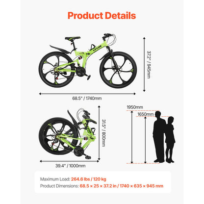 VMB722 - 26" Youth Folding Mountain Bike with 21 Speeds & Suspension