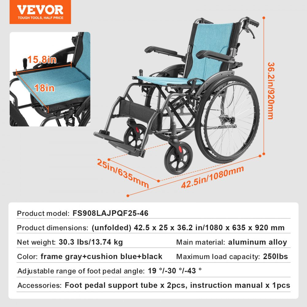 FS908LAJPQF25-46 - Ultra-Lightweight 18" Wheelchair for All Surfaces
