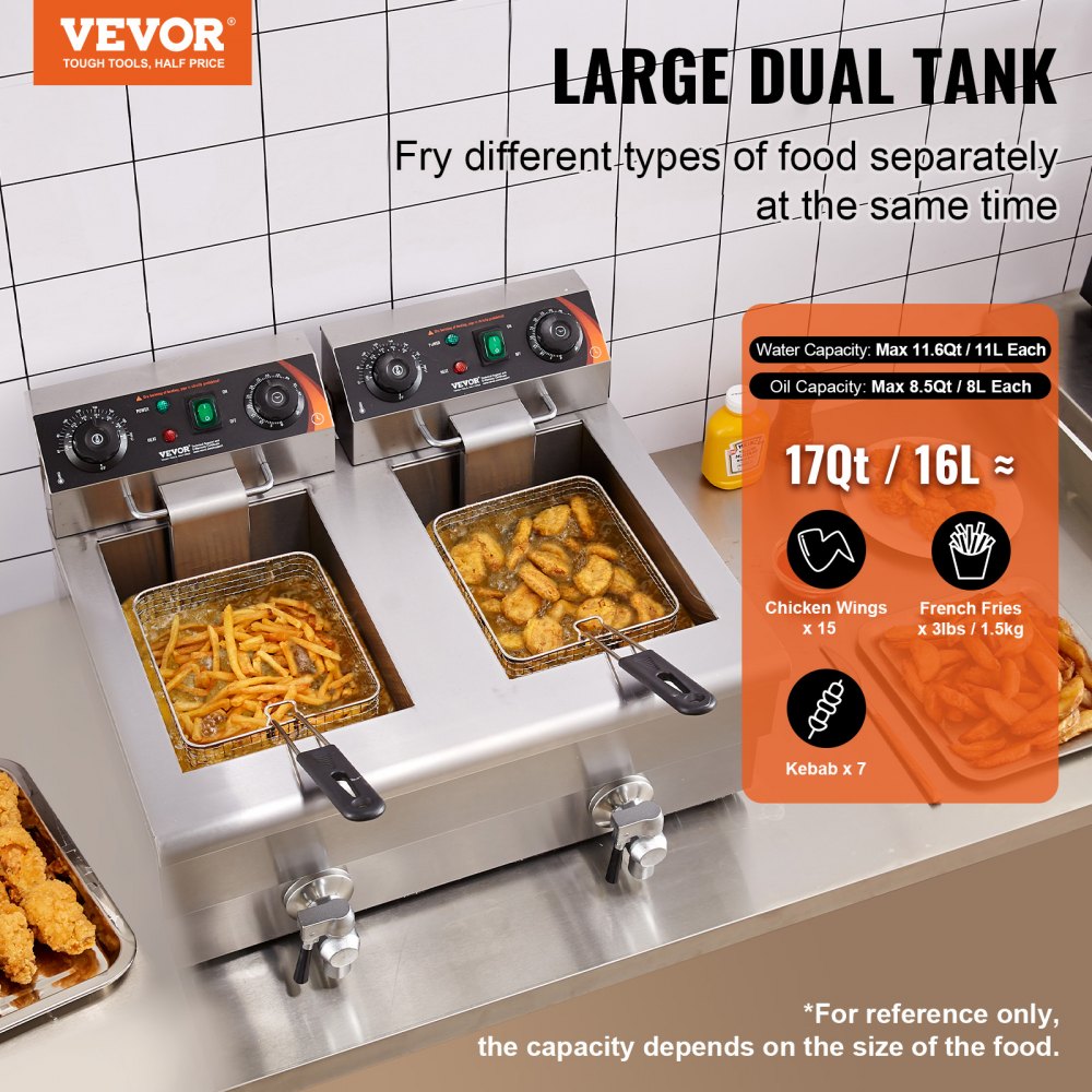 SC-102V - 3000W Stainless Steel Dual Tank Deep Fryer with Timer