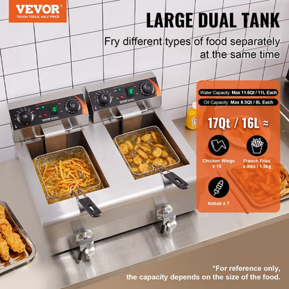 SC-102V - 3000W Stainless Steel Dual Tank Deep Fryer with Timer