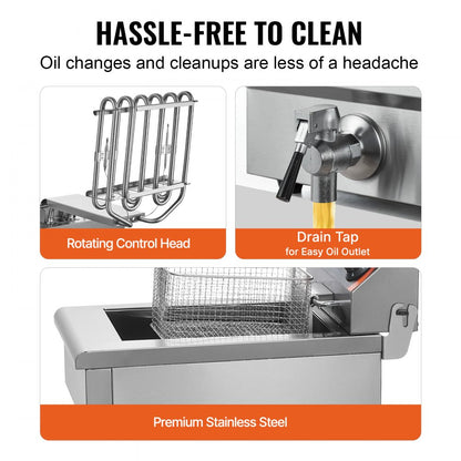 SC-102V - 3000W Stainless Steel Dual Tank Deep Fryer with Timer