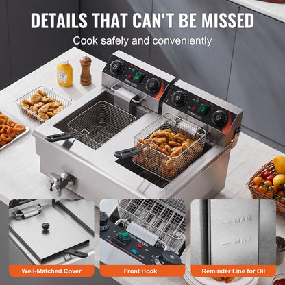 SC-102V - 3000W Stainless Steel Dual Tank Deep Fryer with Timer