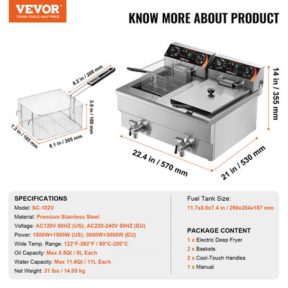 SC-102V - 3000W Stainless Steel Dual Tank Deep Fryer with Timer