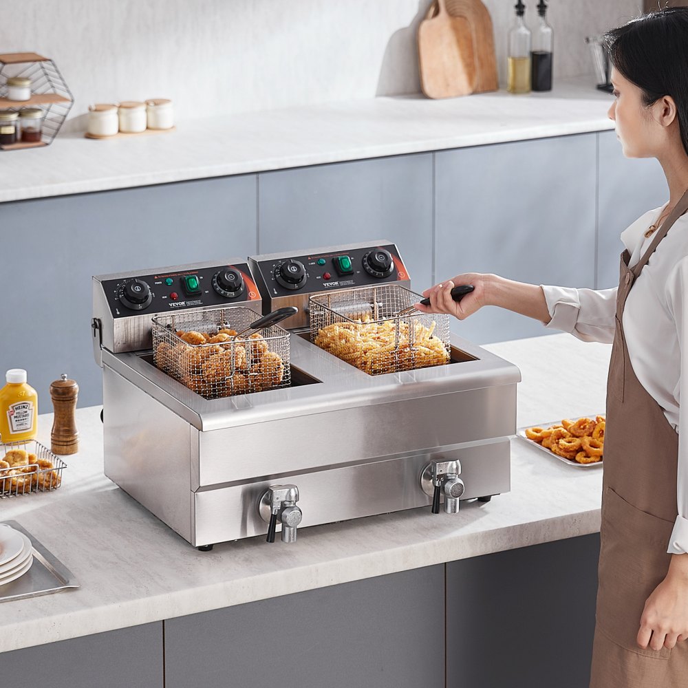 SC-102V - 3000W Stainless Steel Dual Tank Deep Fryer with Timer