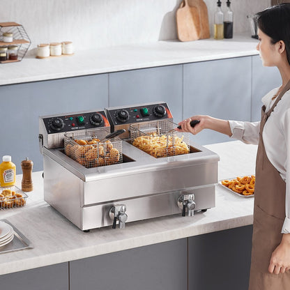 SC-102V - 3000W Stainless Steel Dual Tank Deep Fryer with Timer