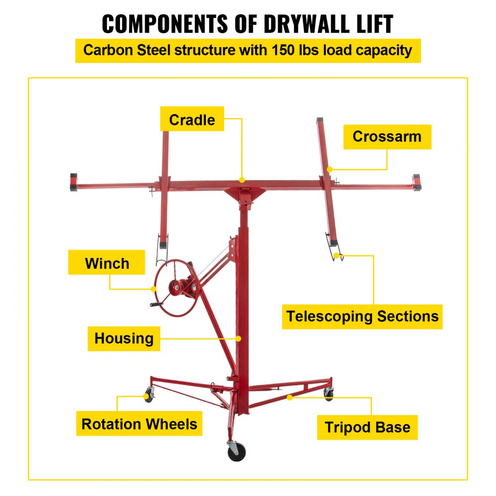 LG-021 - 11ft Drywall Lift with Lockable Wheels & 150lbs Capacity
