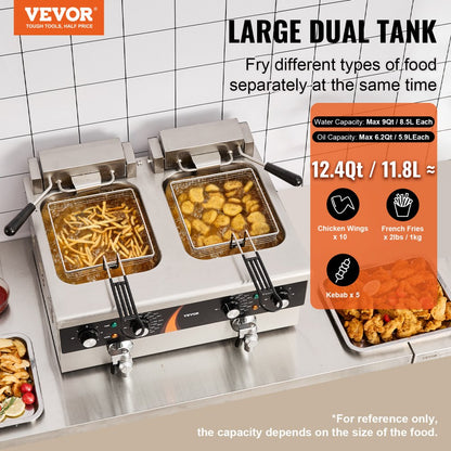 EF-6V-2 - 9Qt Dual Tank Electric Deep Fryer with Timer & Safety Features