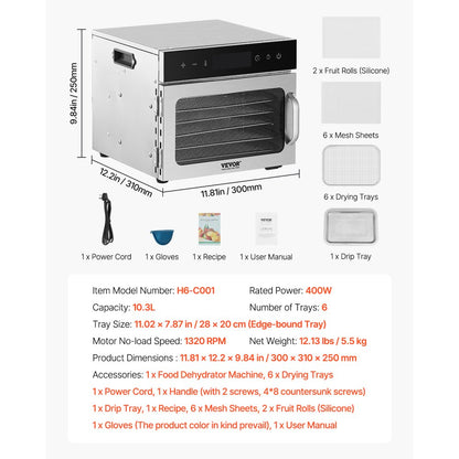 H6-C001 - 6-Layer Stainless Steel Food Dehydrator with Digital Timer