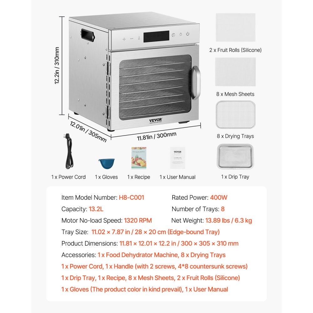 H8-C001 - 8-Layer Stainless Steel Food Dehydrator with Smart Timer