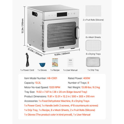 H8-C001 - 8-Layer Stainless Steel Food Dehydrator with Smart Timer