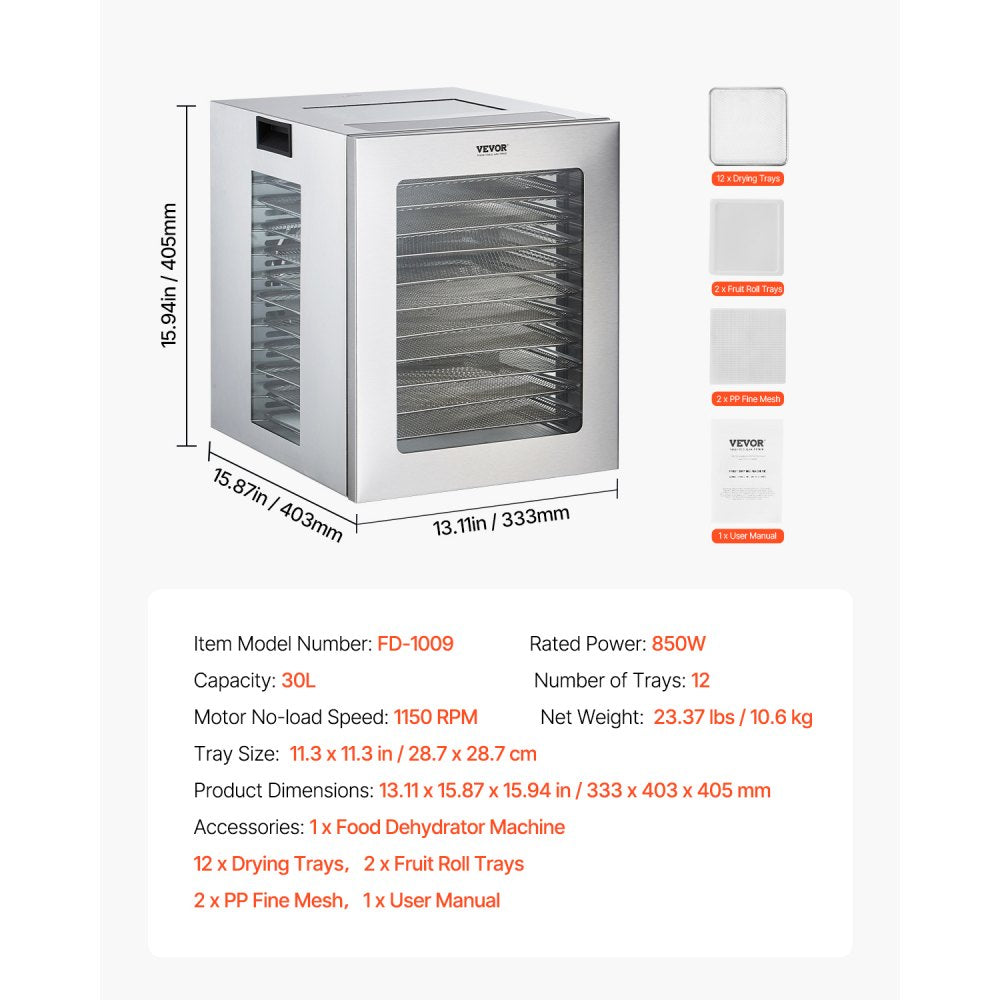 FD-1009 - 12-Layer Stainless Steel Food Dehydrator with Digital Timer