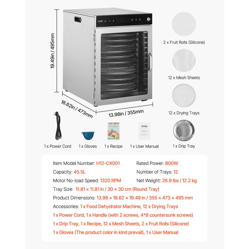 H12-CX001 - 12-Layer Food Dehydrator with Dual Fans & Digital Timer