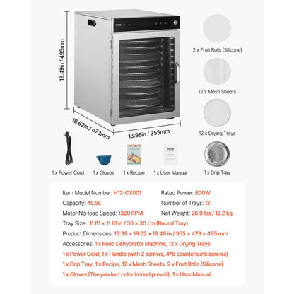 H12-CX001 - 12-Layer Food Dehydrator with Dual Fans & Digital Timer