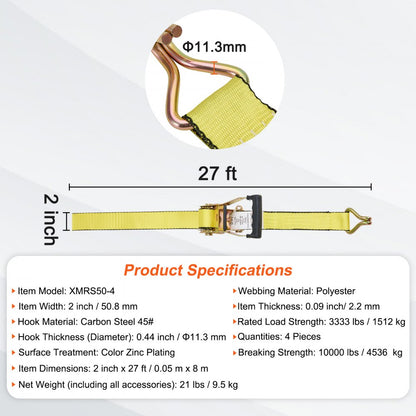 XMRS50-4 - 4PK VEVOR 27' Ratchet Tie Down Straps with 10000 lb Strength