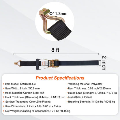 XMRS50-4-3 - Heavy-Duty 2" x 8' Polyester Tie Down Straps (4-Pack)