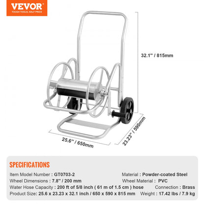 GT0703-2 - Durable 200ft Steel Hose Reel Cart with Wheels
