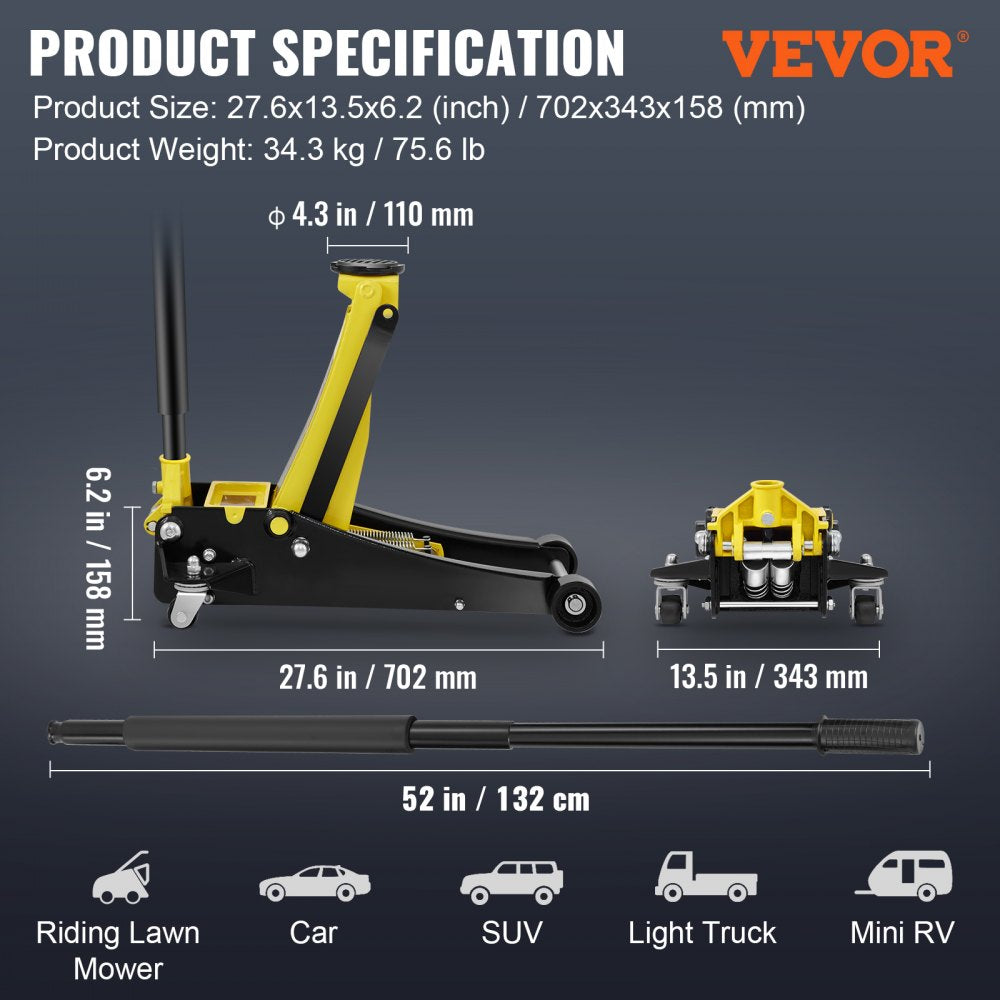 K500 - 3 Ton Low Profile Steel Floor Jack with Dual Pump