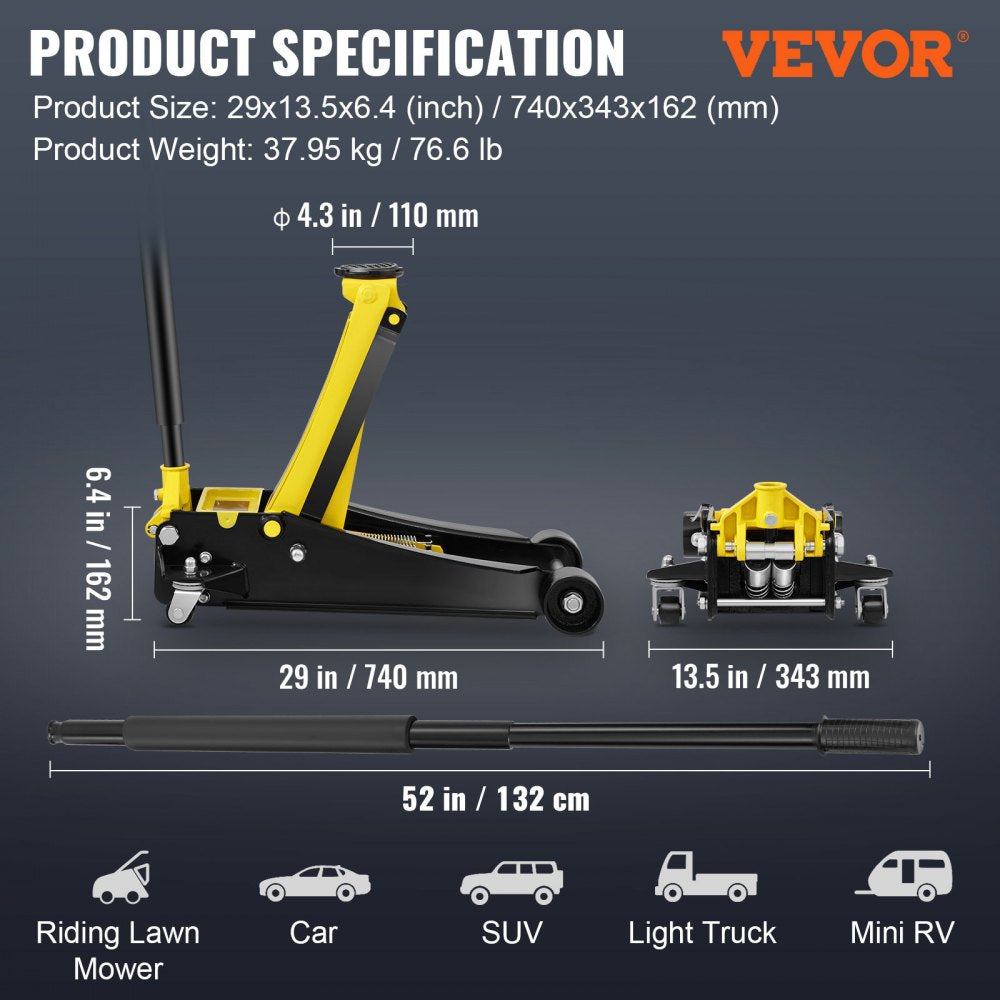 K560 - 4 Ton Low Profile Steel Floor Jack for Compact Cars