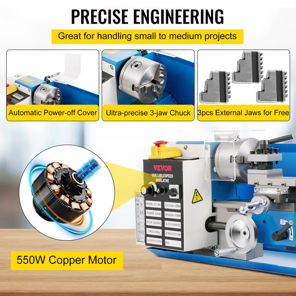 010631700507 - Compact 7"x14" Wood Lathe with 550W Motor & LED Light